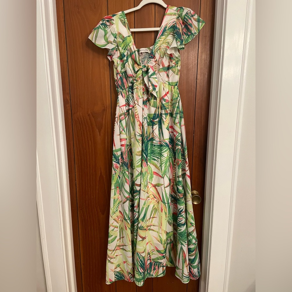 TAYLOR PALM BAMBOO EMPIRE WAIST FLUTTER SLEEVE MAXI DRESS 8